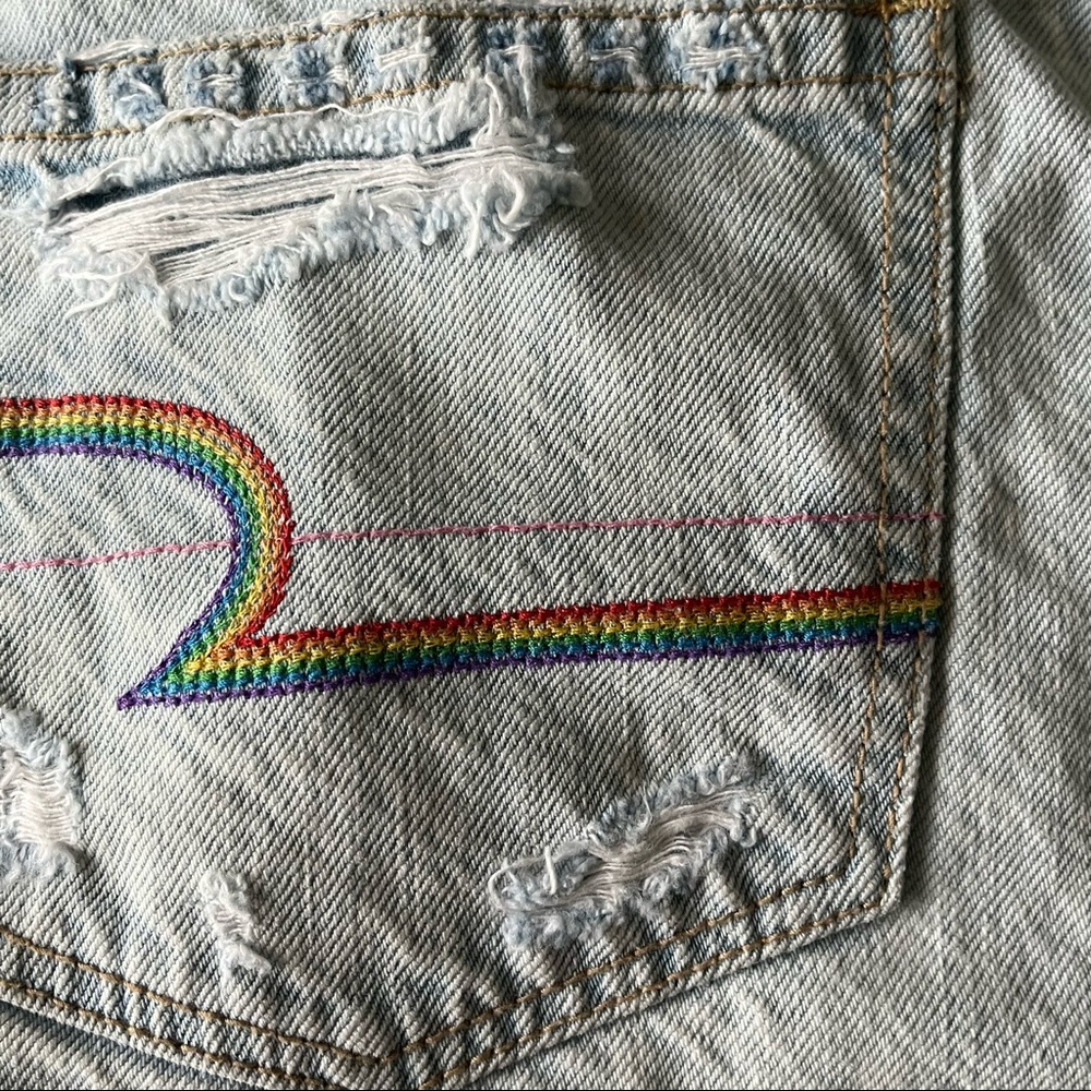 American Eagle Light Wash High Rise Distressed Mom Shorts Sz 00 Rainbow Pride